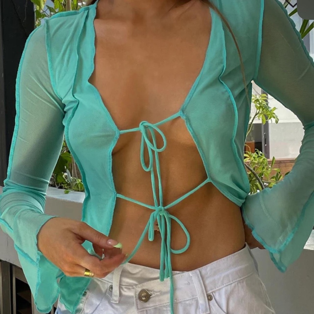 Princess Polly Blue Teal Sheer Tie-Front Top
